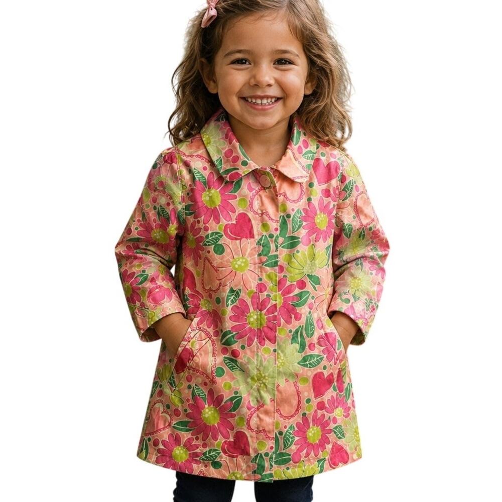 Lilly Pulitzer Vintage Rain Jacket Girls XS Pink Green Floral Hearts Colorful